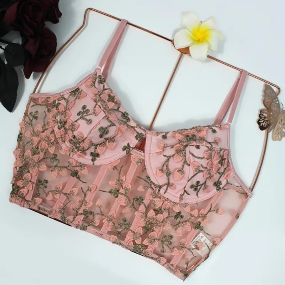 Floral Embroidery Crop Top,Bustier, Women's